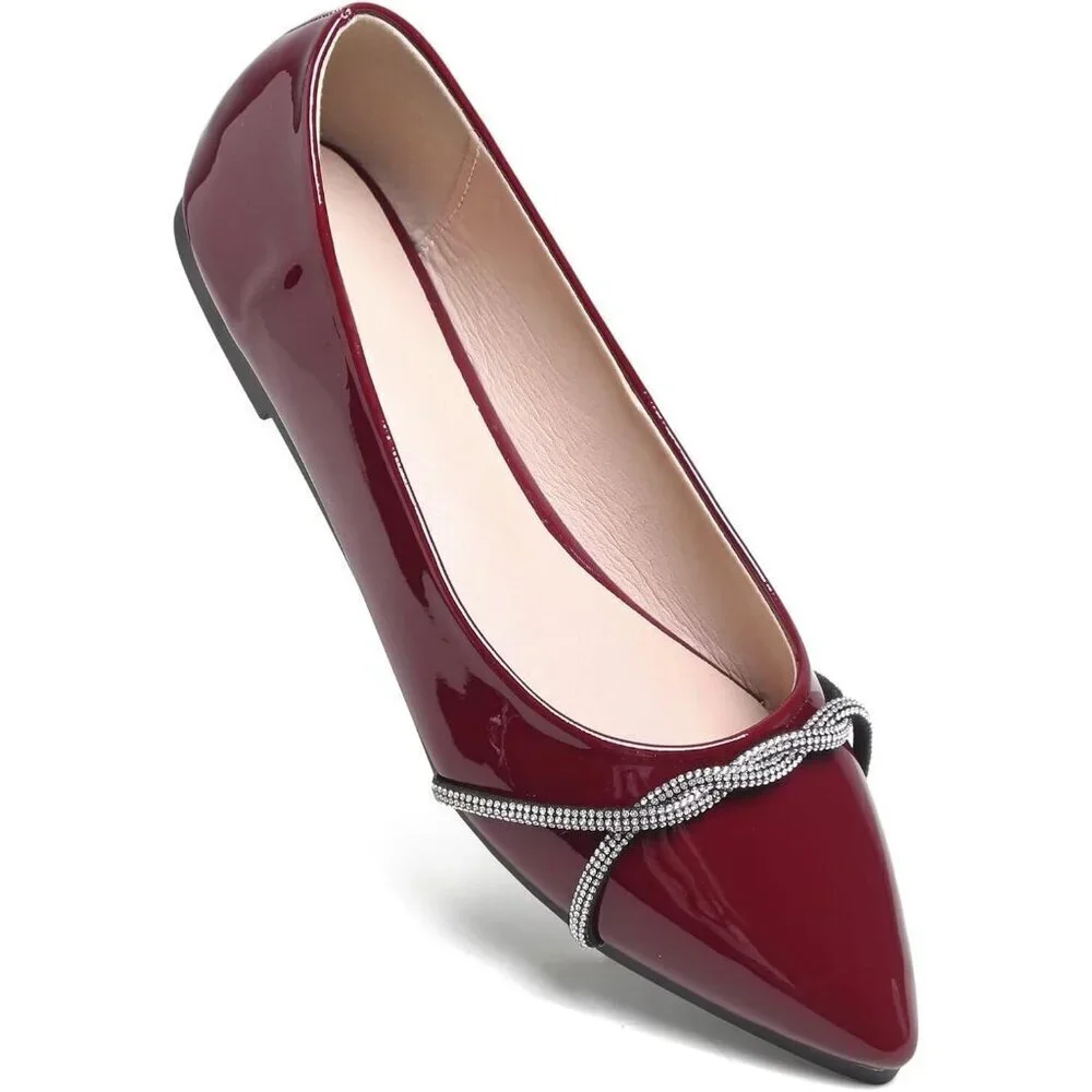 Women's Wine Red Casual Flats Fashion Chain Pointed Toe Ballet Flat Rhinestone